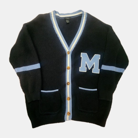 Varsity Letterman Cardigan Sweater Womens‎ L Preppy College Striped Navy Tennis - Picture 1 of 9